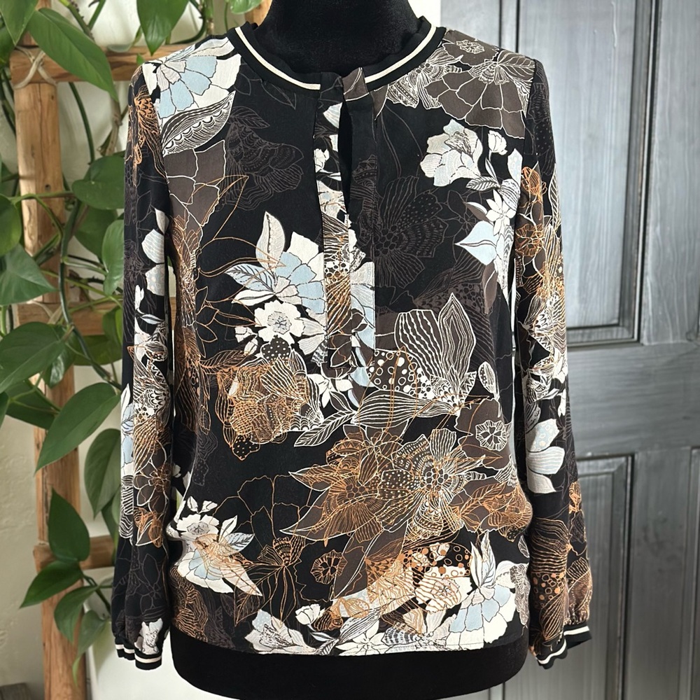 Part Two Copenhagen Mellis Dark Floral Viscose Blouse EU 36 Striped Trim Scandi